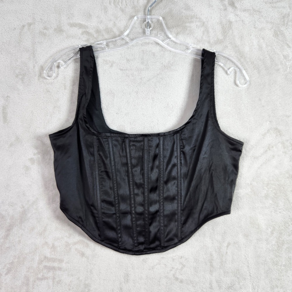 Missguided Corset Top Womens 8 Black Satin Boned Zip Back Cropped Goth‎ Party